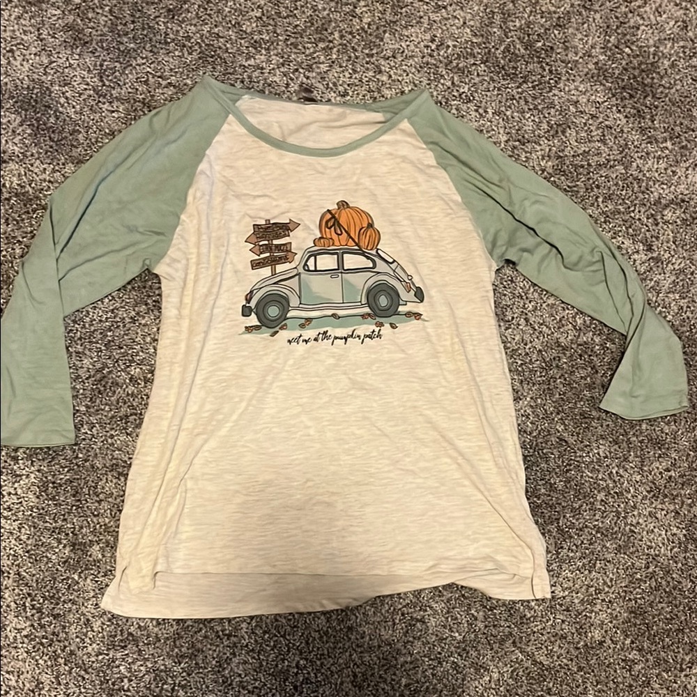 Cream and Green Kids Raglan Tee with Car and Pumpkin Design